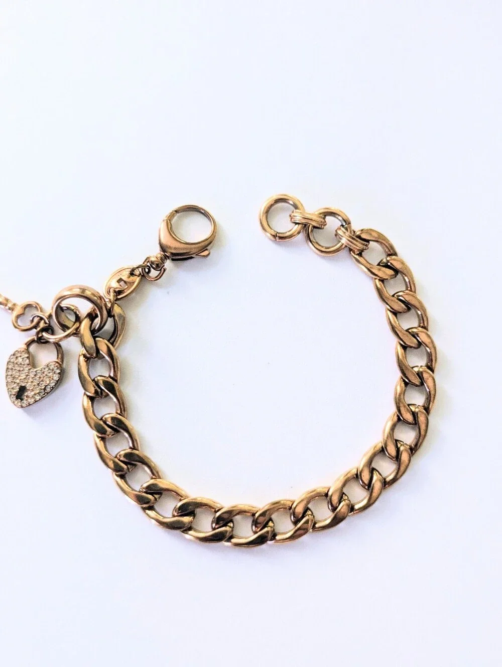 FOSSIL Rose Gold Tone  Pave Crystal Heart & Key Lock Starter Charm Bracelet